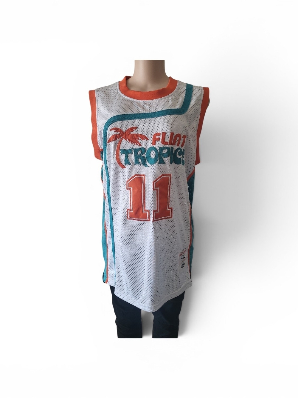 Flint Tropics Ed Monix Mesh Basketball Jersey - White/Teal/Orange - Picture 7 of 9